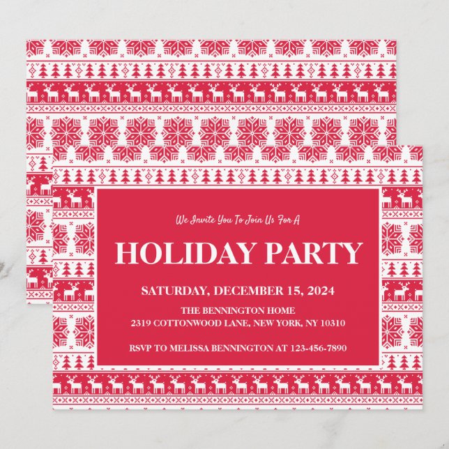 Modern Nordic Red and White Pattern Holiday Party Invitation (Front/Back)