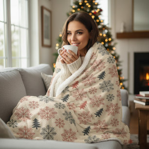 Modern Nordic Red & Black Snowflake and Pine Tree Sherpa Blanket