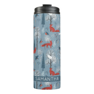 Modern Nordic Snowy Forest Foxes Birds Pattern  Thermal Tumbler