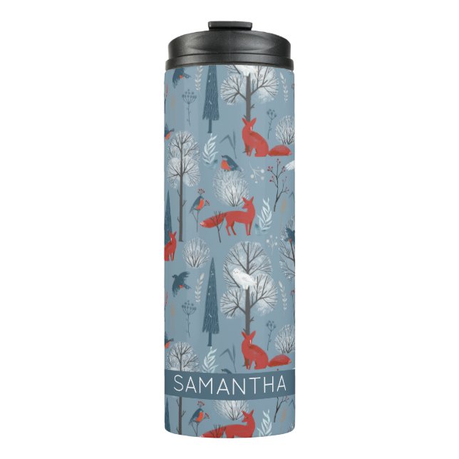 Modern Nordic Snowy Forest Foxes Birds Pattern  Thermal Tumbler (Front)