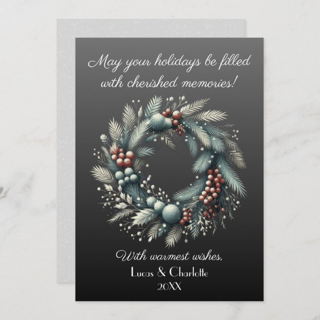 Modern Nordic Style Wreath, Against Gray Backdrop Holiday Card (Front/Back)
