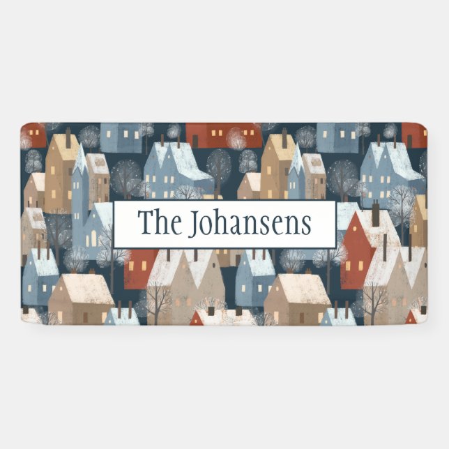 Modern Nordic Whimsical Scandi Winter Town Pattern Banner (Horizontal)