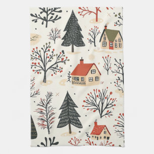 Modern Nordic Winter Cottages Crimson Green Folk Kitchen Towel