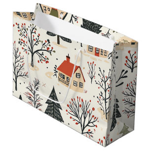 Modern Nordic Winter Cottages Crimson Green Folk Large Gift Bag