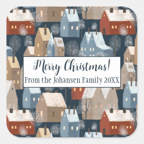 Modern Nordic Winter Night Town Houses Pattern Square Sticker