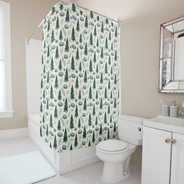 Modern Nordic Winter Sage Green Forest  Shower Curtain (In Situ)