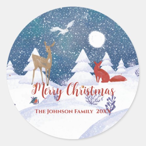 Modern Nordic Winter Snowy Night Fox Deer Birds Cl Classic Round Sticker