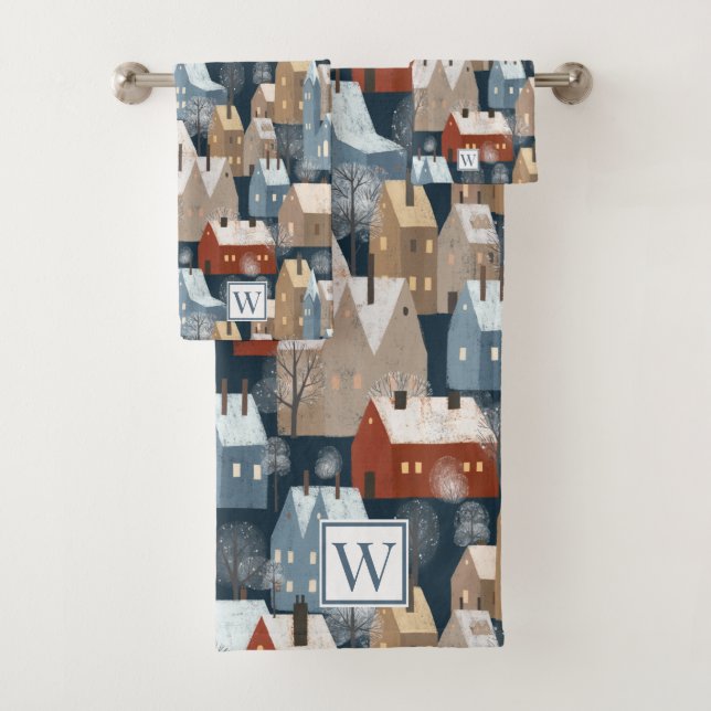 Modern Nordic Winter Town Whimsical Cozy Houses Ba Bath Towel Set (Insitu)
