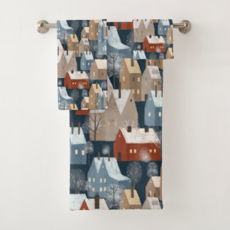Modern Nordic Winter Town Whimsical Scandinavian Bath Towel Set