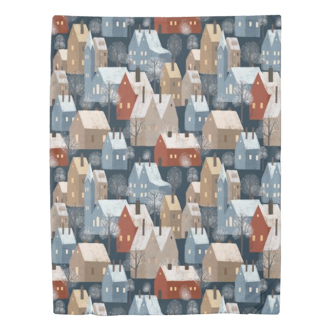 Modern Nordic Winter Town Whimsical Scandinavian Duvet Cover (Front)