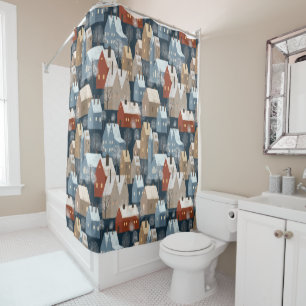 Modern Nordic Winter Town Whimsical Scandinavian  Shower Curtain