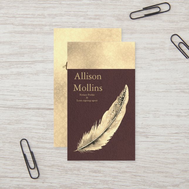Modern Notary Loan Signing Agent Gold Quill Pen Bu Business Card (Front/Back In Situ)