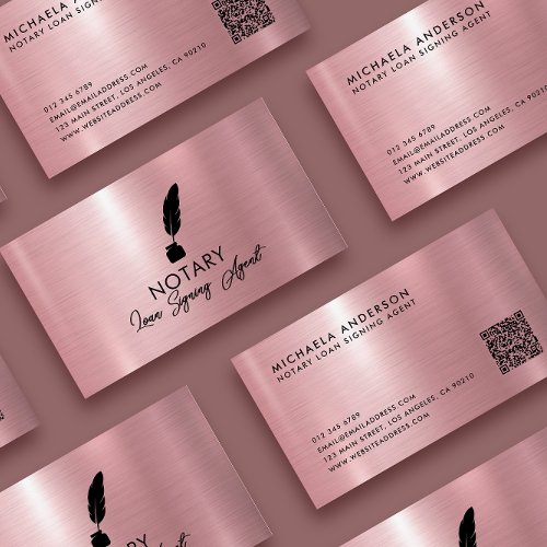 Modern Notary Loan Signing Agent QR Code Rose Gold Business Card