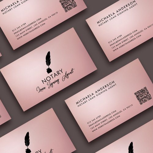 Modern Notary Loan Signing Agent QR Code Rose Gold Business Card