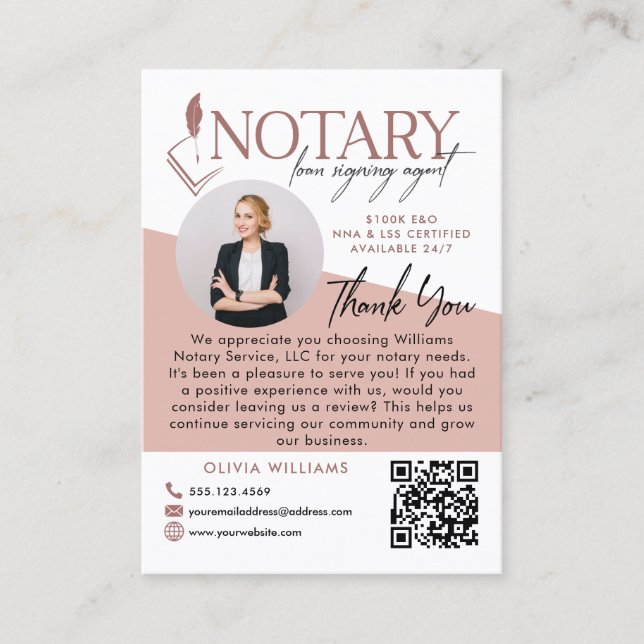 Modern Notary Photo Review & Thank You Photo Business Card (Front)