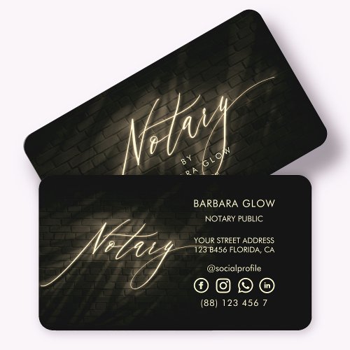 Modern Notary Public Glowing Neon Gold Business Card