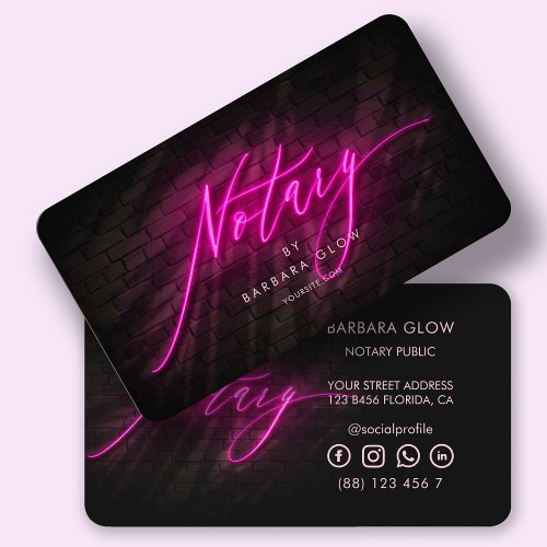 Modern Notary Public Glowing Neon Hot Pink Business Card