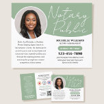 Modern Notary Public Profile Photo QR Code Green Flyer<br><div class="desc">Boost your notary business with a stylish and professional marketing flyer. This double-sided template features a trendy script font, and is personalized with your photo, a custom message, key services, your credentials, contact details, accreditation logos, and a scannable QR code. Customize the text to suit your business. This modern design...</div>