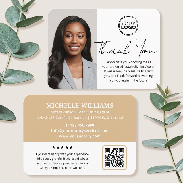 Modern Notary Public Thank You Photo QR Code Gold Business Card (Creator Uploaded)