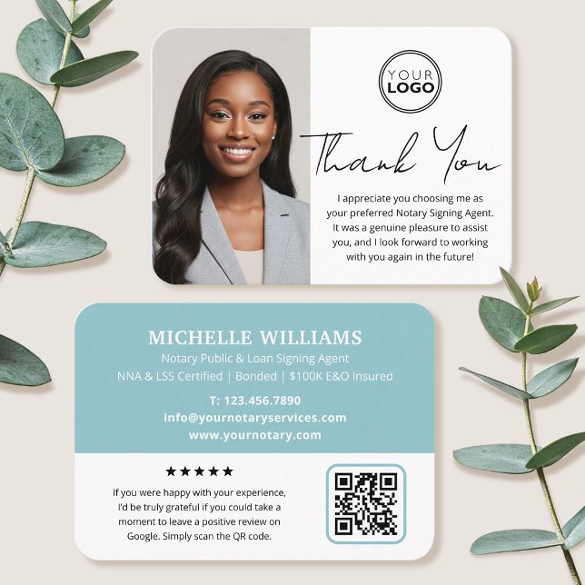 Modern Notary Public Thank You Photo QR Turquoise Business Card (Creator Uploaded)