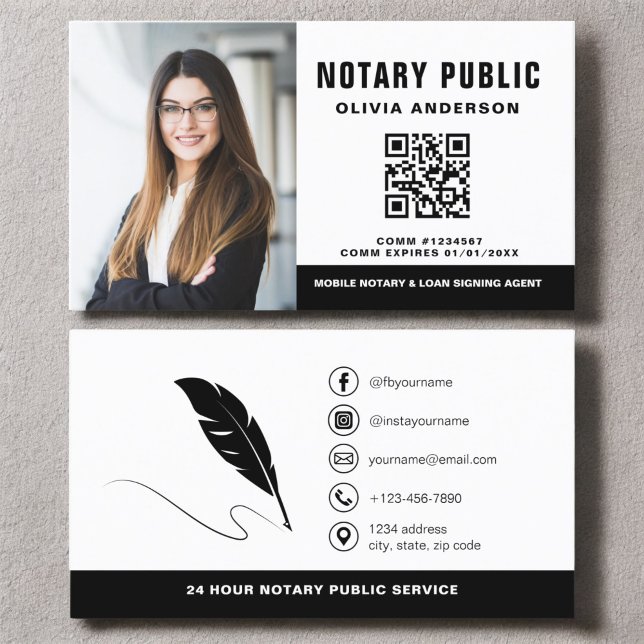 Modern Notary QR Code Signing Agent Photo Business Card (Creator Uploaded)