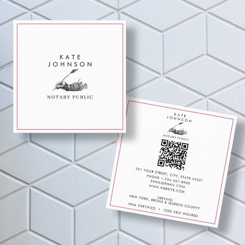 Modern Notary Signing Agent Feather Quill Logo Square Business Card