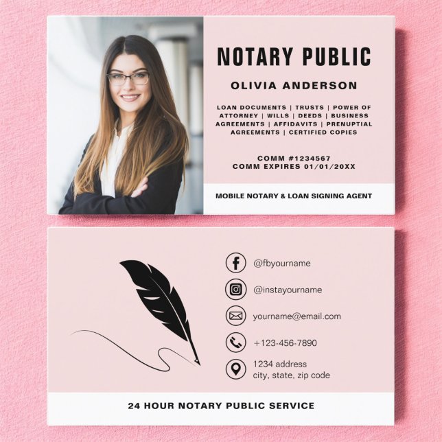 Modern Notary Signing Agent Photo Blush Pink Business Card (Creator Uploaded)