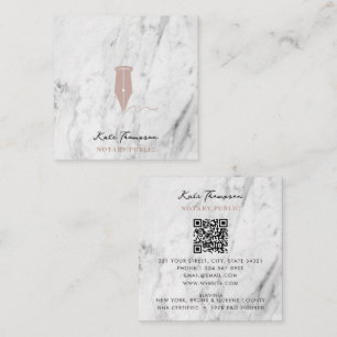 Modern Notary Signing Agent QR Code Marble Pink Square Business Card