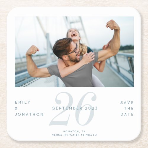 Modern Number Date Blue Photo Save The Date Square Paper Coaster