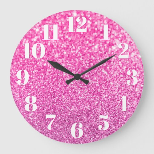Modern Numbers Faux Sparkly Bokeh Pink Glitter Large Clock