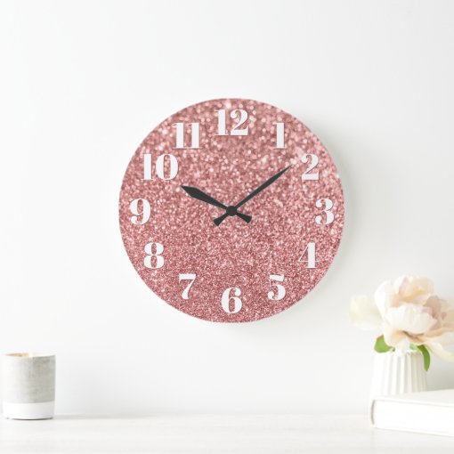Modern Numbers Faux Sparkly Rose Gold Glitter Large Clock | Zazzle
