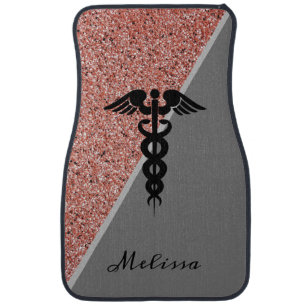Modern Nurse Black Caduceus Pink Rose Gold Glitter Car Floor Mat