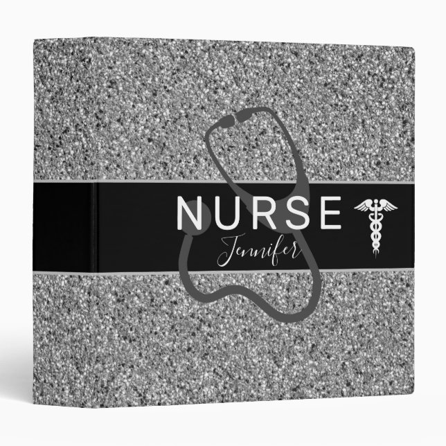 Modern Nurse Black Silver Glitter Personalized 3 Ring Binder (Front/Spine)
