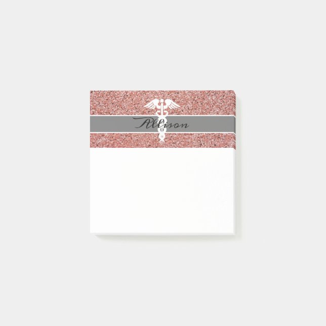 Modern Nurse Caduceus Rose Gold Pink Glitter Post-it Notes (Front)