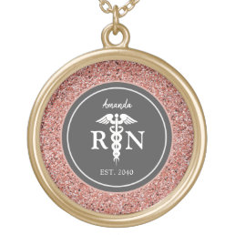 Modern Nurse Graduate Rose Gold Glitter Monogram Gold Plated Necklace