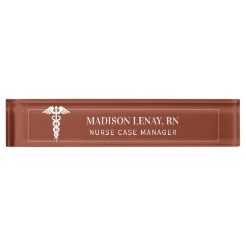 Modern Nurse Manager Medical Caduceus Terracotta Desk Name Plate