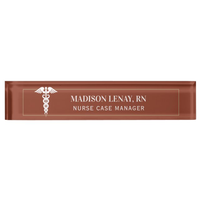 Modern Nurse Manager Medical Caduceus Terracotta Desk Name Plate (Front)