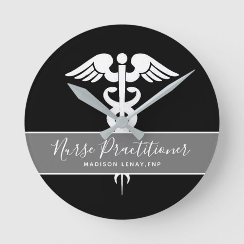 Modern Nurse Practitioner Black White Medical Name Round Clock