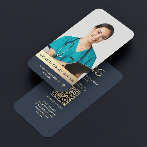 Modern Nurse Practitioner Elegant Dark Blue Gold Business Card