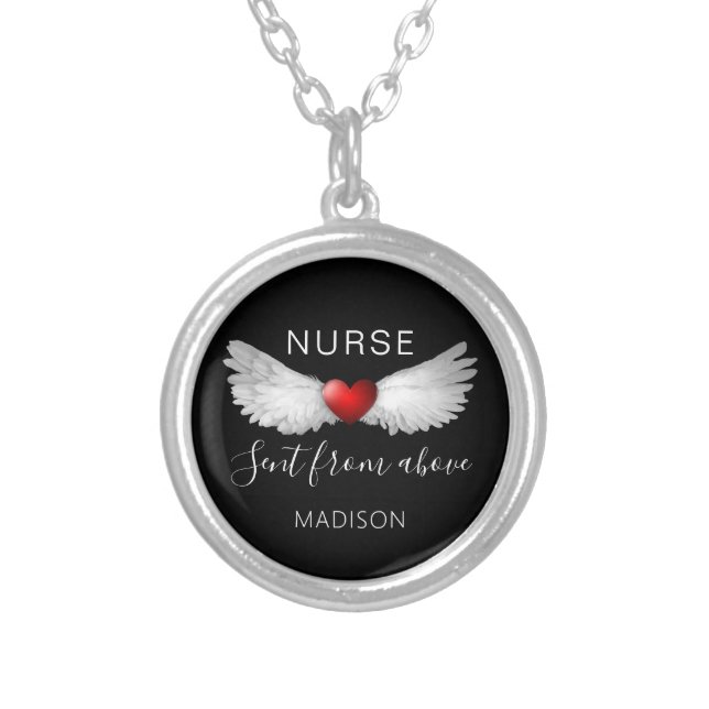 Modern Nurse Red Heart Angel Wings Personalized Silver Plated Necklace (Front)