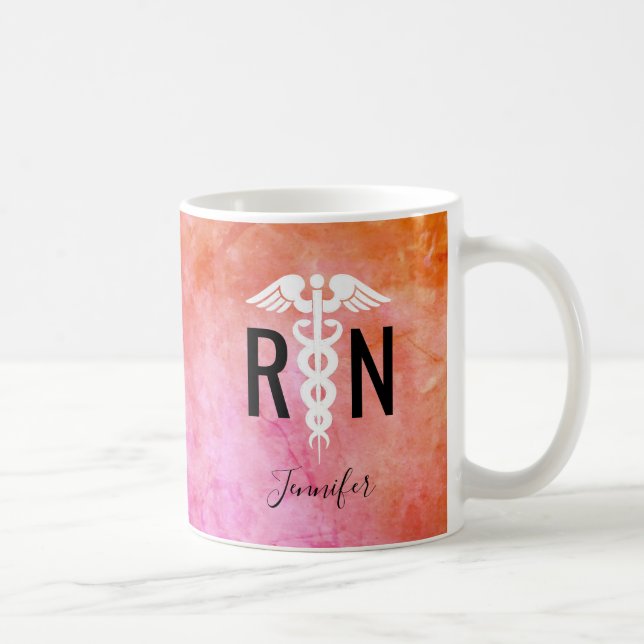 Modern Nurse RN Caduceus Colorful Ombre Name Coffee Mug (Right)