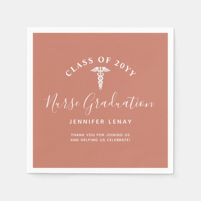 Modern Nursing Grad Terracotta Orange Personalized Napkins (Front)