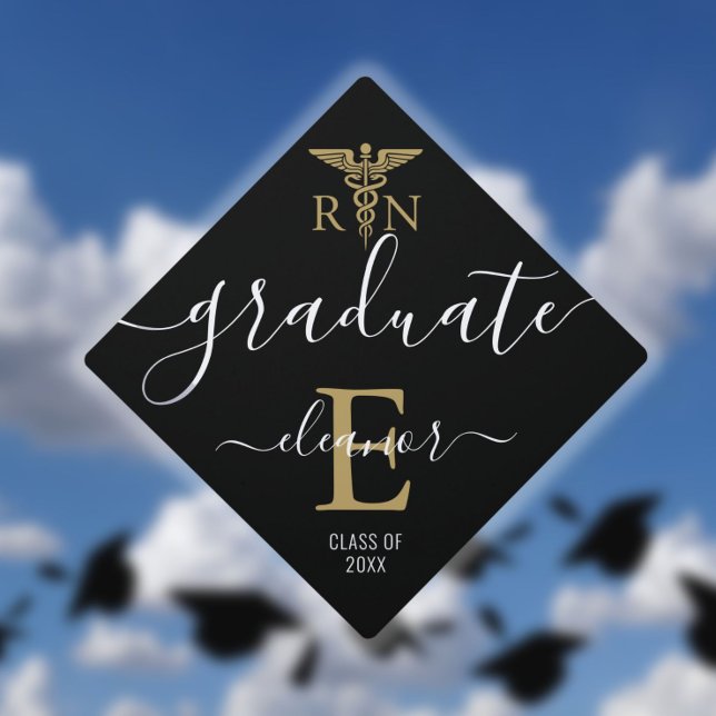 Modern Nursing Medical Gold Monogram Name Graduation Cap Topper (Creator Uploaded)