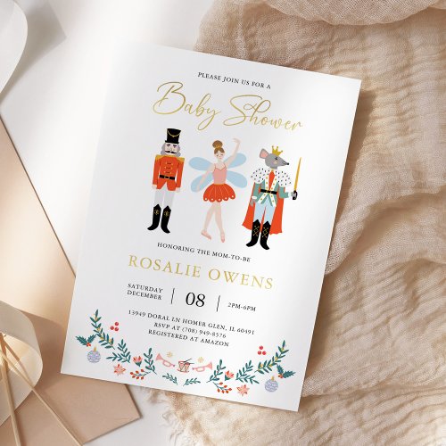 Modern Nutcracker Christmas Baby Shower Minimalist Foil Invitation