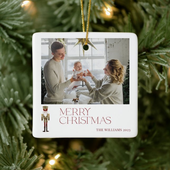 Modern Nutcracker Merry Christmas 2 Photo Family  Ceramic Ornament (Tree)