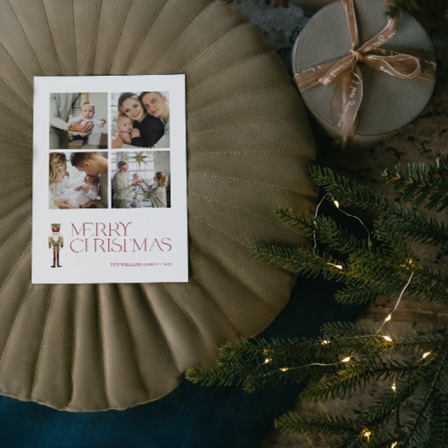 Modern Nutcracker Merry Christmas 4 Photo Holiday Postcard (A Nutcracker Holiday! Wishing You a Merry Christmas in Modern Minimalist Style. 🎄🎭 [Your Photo Her)
