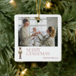Modern Nutcracker Merry Christmas Photo Typography Ceramic Ornament<br><div class="desc">Capture the joy and warmth of Christmas with our Modern Nutcracker Merry Christmas Photo Typography Ceramic Ornament. This festive ornament is the perfect way to bring a truly personalized touch to your holiday decorating this year. The bright red typeface stands out against a unique watercolor nutcracker, while a charming array...</div>