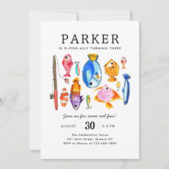 Modern O-Fish-al Reel Fun Fish Fishing Birthday Invitation (Front)