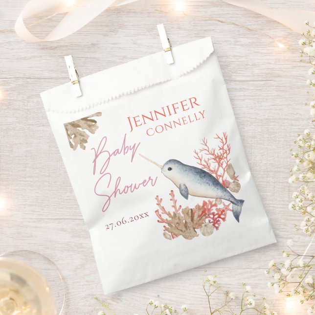 Modern ocean baby Narwhal & watercolour seashells  Favor Bag (Clipped)