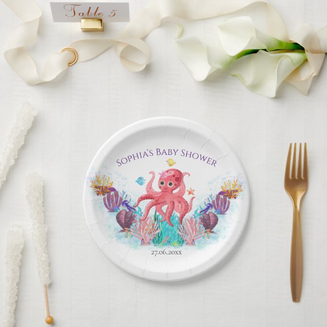 Modern Ocean Baby Octopus Watercolour Colorful  Paper Plates (Wedding)